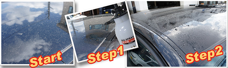 汚れている車に、噴霧器を使って水をまんべんなく吹きかける。