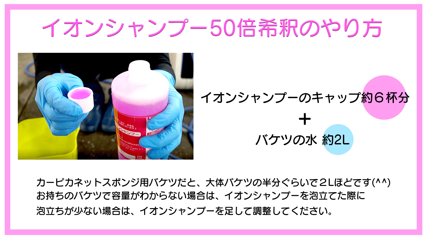 イオンシャンプー50倍希釈はイオンシャンプーのキャップ約6杯分に対して水４Lぐらい