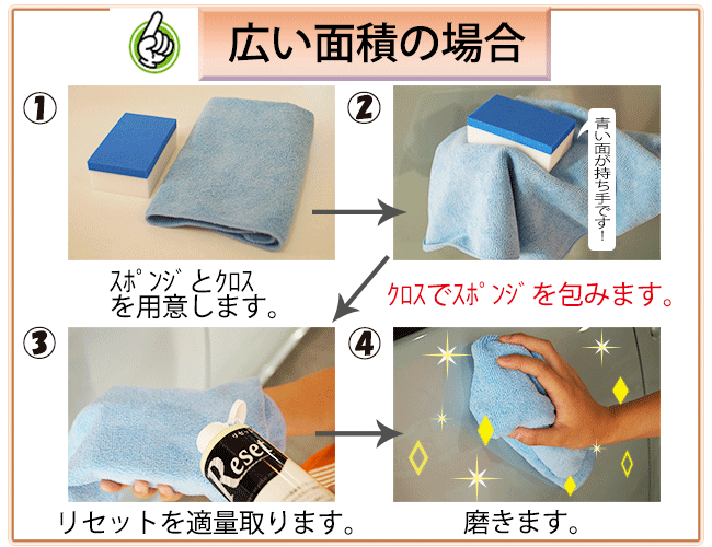 2段スポンジをリセット専用クロスで包み、リセットを適量つけ使用する様子